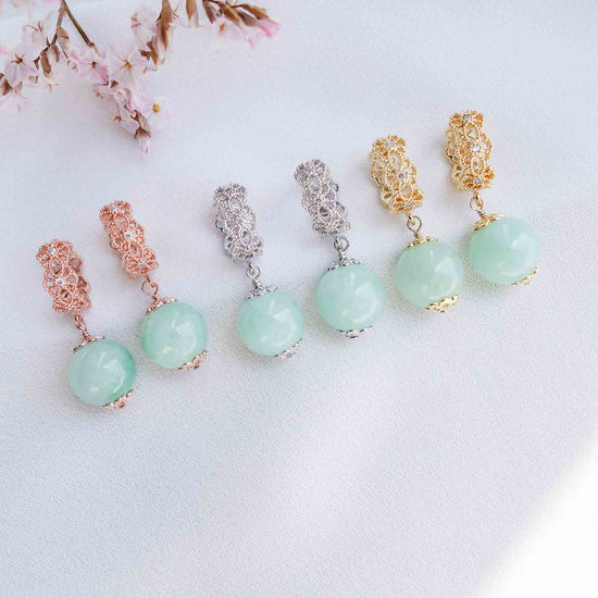 Intricate Ear Hoops with Apple Green Jade