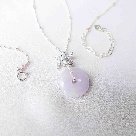 Orchid Pendant with Lavender Jade Donut Necklace - Ball Chain