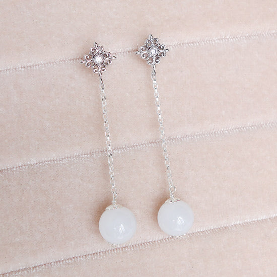 Intricate Stud and Dangling Snow Jade Earrings