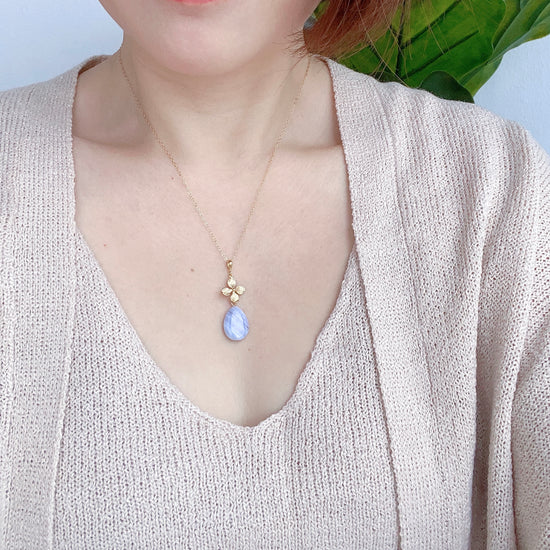 Floral Charm with Teardrop Blue Lace Agate Necklace