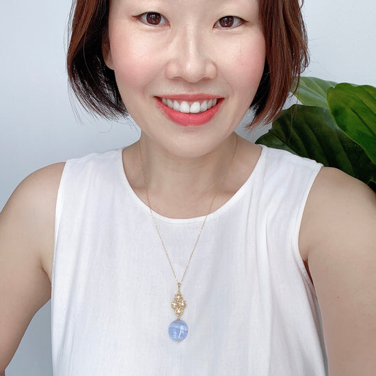 Four Flower Charm with Blue Lace Agate Disc Necklace