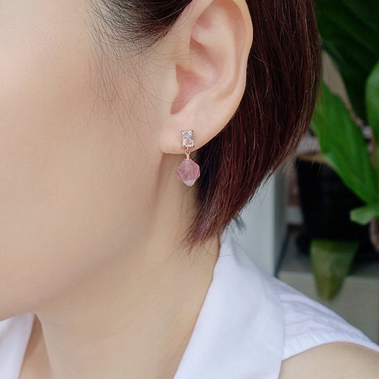 Faceted Strawberry Quartz with Baguette Ear Studs