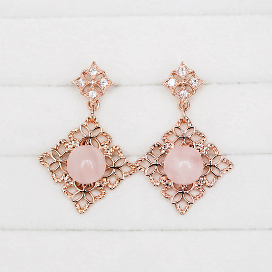 Peranakan Tile Rose Quartz with Diamond Ear Studs