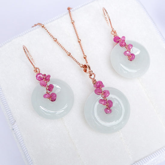 Light Green Jade with Pink Sapphire Vine Earrings and Necklace Set