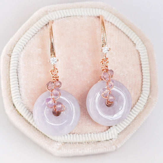 Vivid Lavender Jade with Pink Amethyst Vine Earrings - Dapped Single CZ Hook