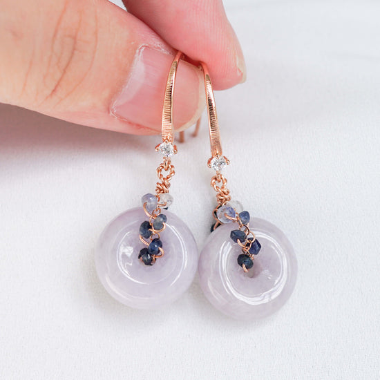 Vivid Lavender Jade with Sapphire Vine Earrings - Dapped Single CZ Hook