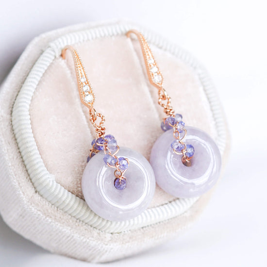 Vivid Lavender Jade with Tanzanite Vine Earrings - Graduated CZ Hook