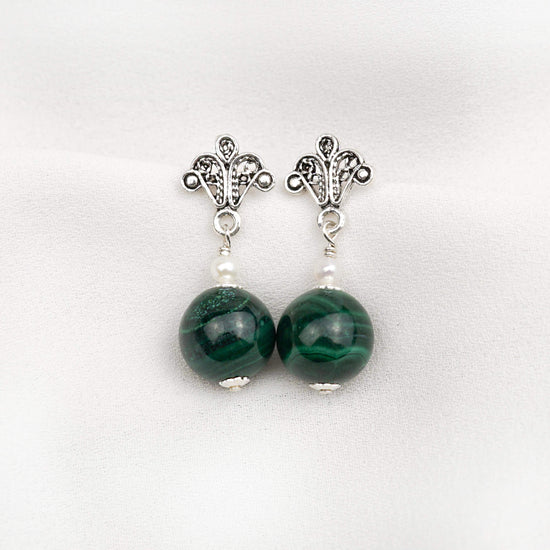 Victorian Ear Studs with Malachite and Pearl