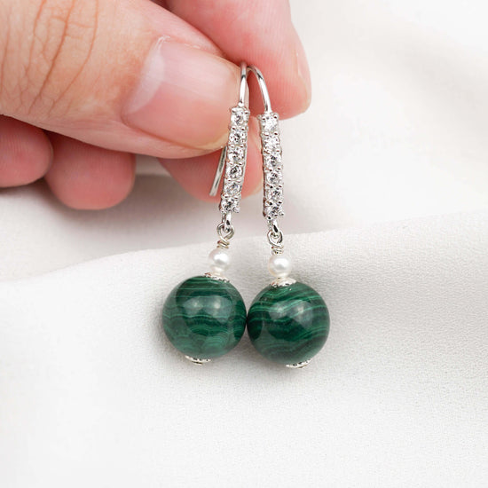 Straight CZ Ear Hooks with Malachite