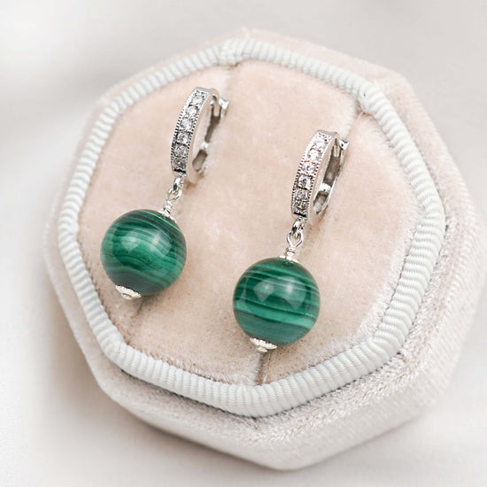 CZ Ear Hoops with Malachite
