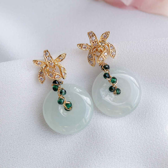 Orchid Ear Studs with Green Jade and Emerald Vine