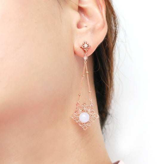 Intricate Ear Studs with Dangling Peranakan Tile Lavender Jade