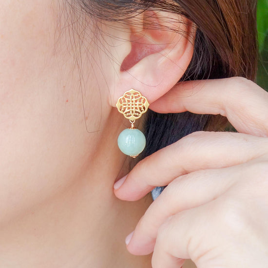 Peranakan Ear Studs with Green Jade