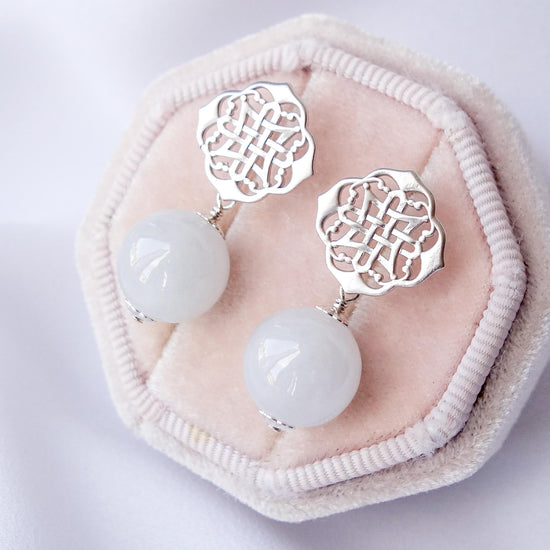 Peranakan Ear Studs with White Jade