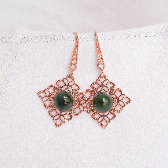 Peranakan Tile Pine Green Jade Milgrain Hook Earrings