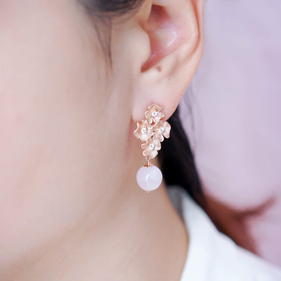 Rose Quartz with Full Blossom Ear Studs RQ15