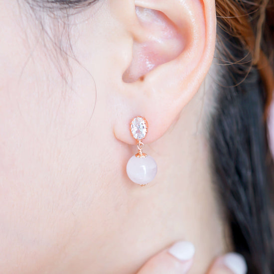 Rose Quartz with Oval CZ Ear Studs RQ17