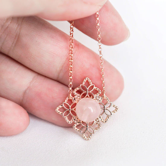 Floating Peranakan Tile Rose Quartz Necklace RQ22