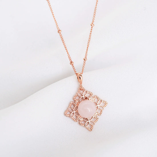 Peranakan Tile Rose Quartz Pendant Necklace (Ball Chain) RQ23