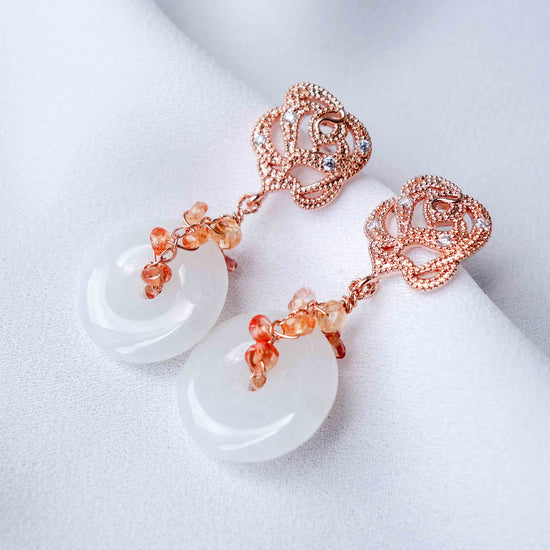 Rose Ear Studs and White Jade with Peach Sapphire Vine