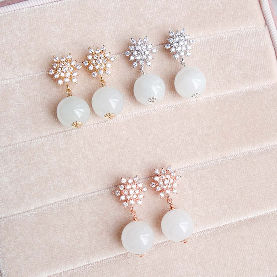 Snow Ear Studs with Snow Jade