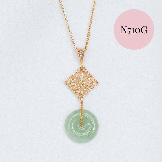 Jade with Small Peranakan Tile Necklace - Gold