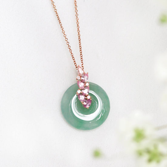 Deluxe Jade Pendant with Glorious Floral Vine in 14K Rose Gold - 1386JPR