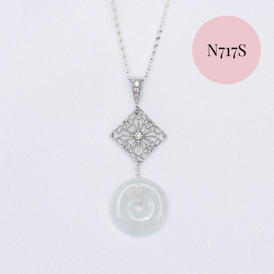 Jade with Small Peranakan Tile Necklace - Silver