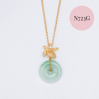 Jade Donut with Orchid Pendant Necklace - Gold Filled