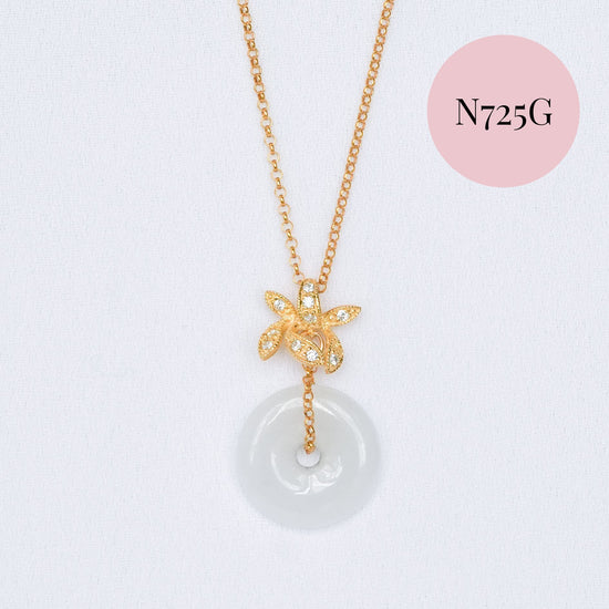 Jade Donut with Orchid Pendant Necklace - Gold Filled