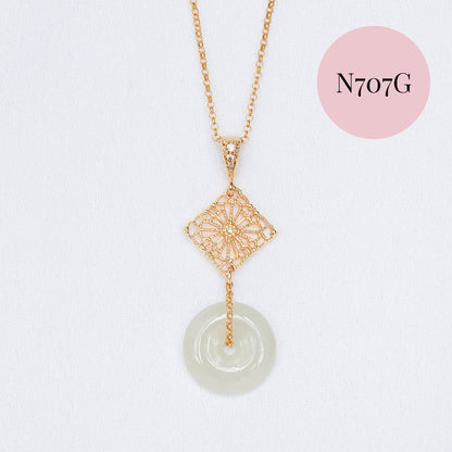 Jade with Small Peranakan Tile Necklace - Gold