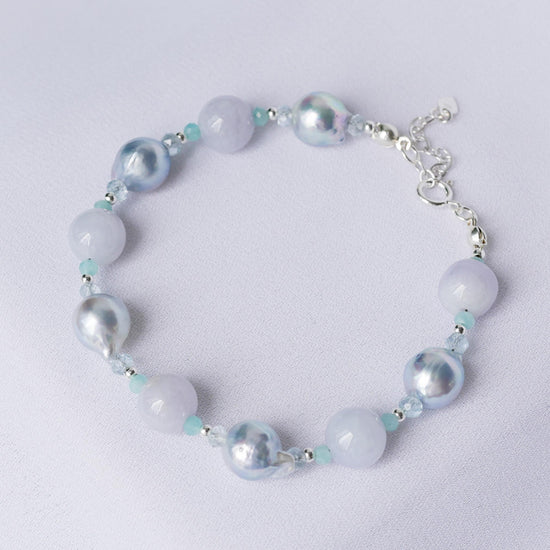 Silver Blue Akoya Pearl and Lavender Jade Bracelet B2613