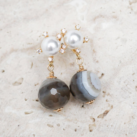 Sunburst Pearl Ear Studs with Botswana Agate - Gold