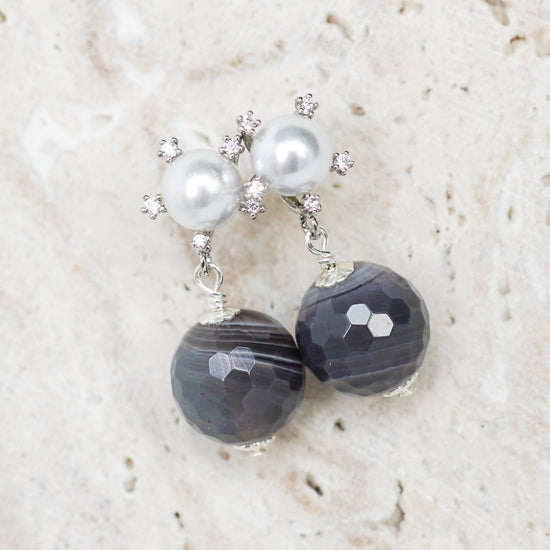 Sunburst Pearl Ear Studs with Botswana Agate - Silver