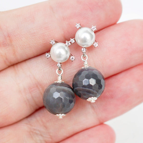 Sunburst Pearl Ear Studs with Botswana Agate - Silver