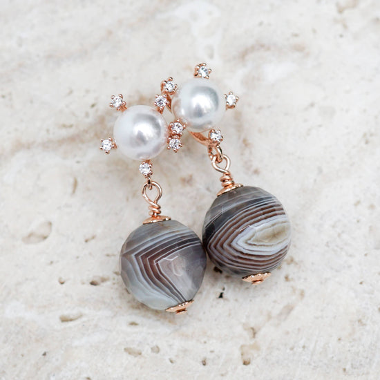 Sunburst Pearl Ear Studs with Botswana Agate - Rose Gold