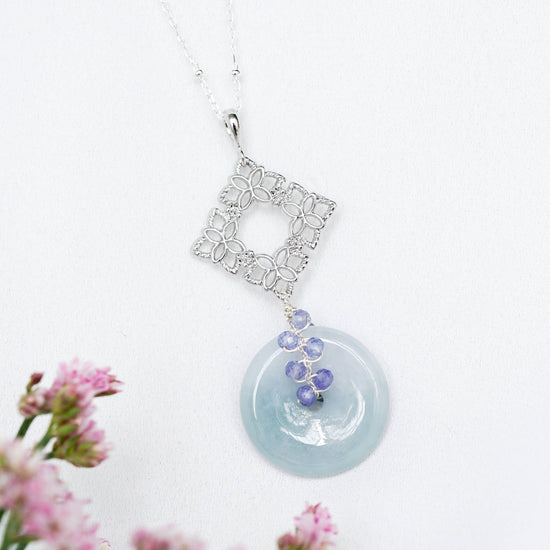 Blue Jade with Peranakan Tile and Tanzanite Vine Necklace - BJN1S