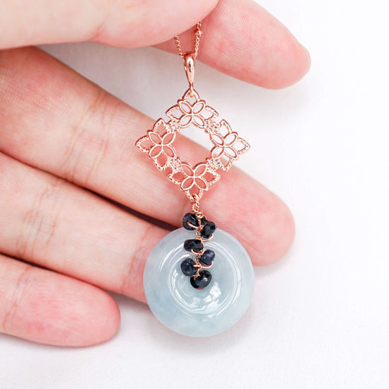 Blue Jade with Peranakan Tile and Sapphire Vine Necklace - BJN2R