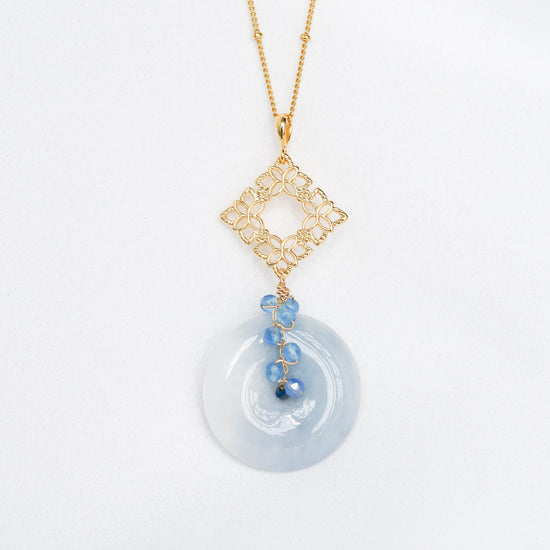 Blue Jade with Peranakan Tile and Blue Agate Vine Necklace -BJN3G