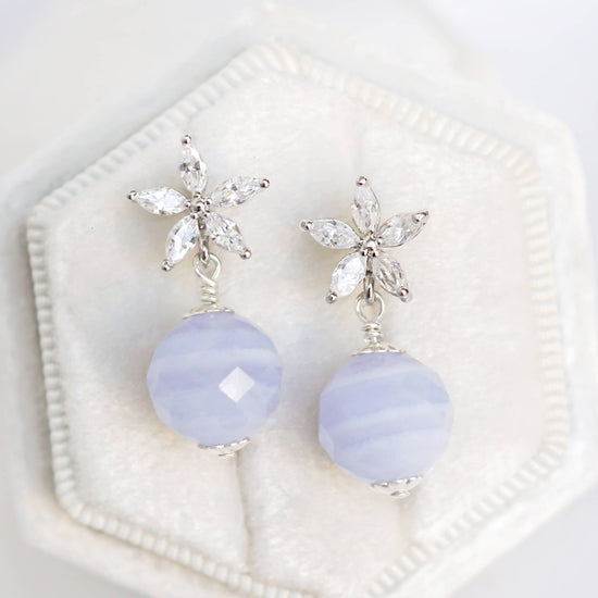 Dainty Daisy Ear Studs with Blue Lace Agate