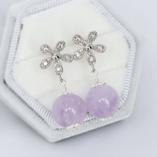 Dainty Floral Ear Studs with Pink Amethyst