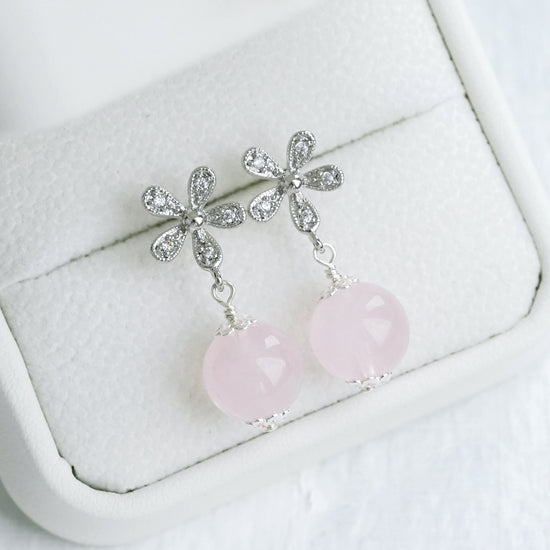 Dainty Floral Ear Studs with Rose Quartz