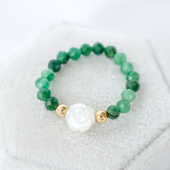African Jade and Tiny Rose Mother of Pearl Ring