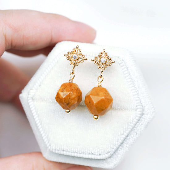 Faceted Brown Jade with Intricate Ear Studs