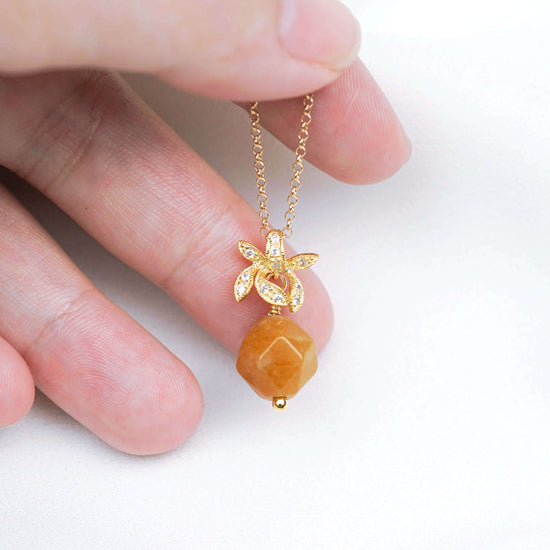 Faceted Golden Jade with Orchid Pendant Necklace