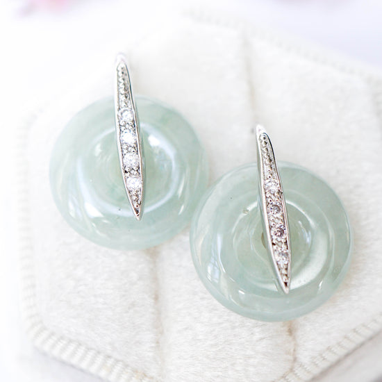 Sleek CZ Hook Earrings with Jade Donut - Mint Green Jade FJE11