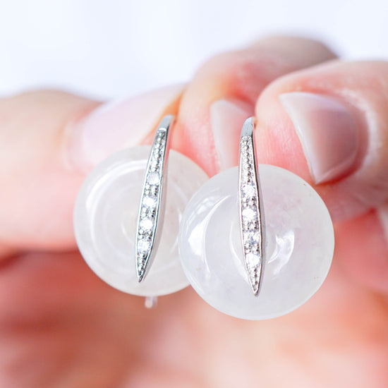 Sleek CZ Hook Earrings with Jade Donut - White Jade FJE6
