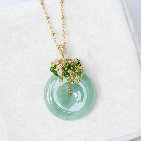 Green Jade Donut with Gem Cluster Necklace GJ1G