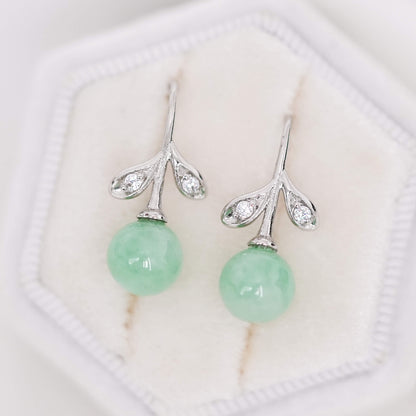 CZ Leaf Hook Earrings with Green Jade