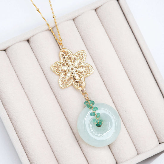 Green Jade with Peranakan Tile and Emerald Vine Necklace - GJN1